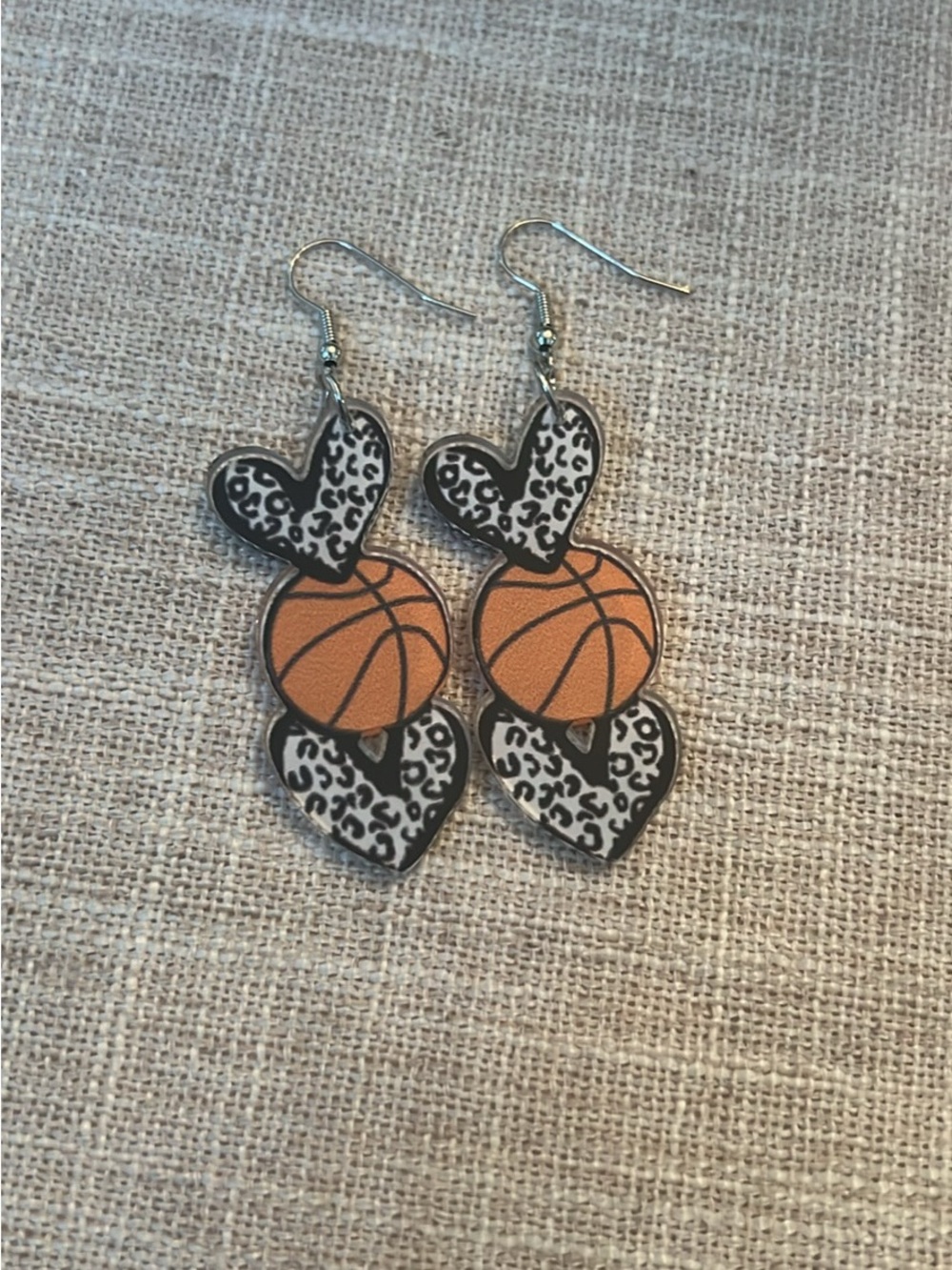Basketball Heart Drop Earrings - Orange & Black Leopard Print NEW